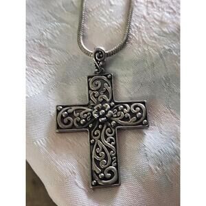 Swirled Silvertone Cross Pendant On Snake Chain Necklace 18"